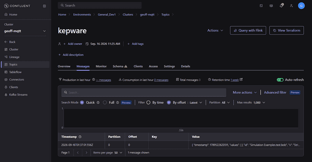 Kepware message arriving in Confluent Cloud