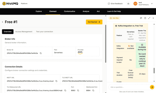 HiveMQ Cloud Platform overview showing broker connection details with the Bea AI assistant open and a Kafka Integration vs Free Trial comparison panel
