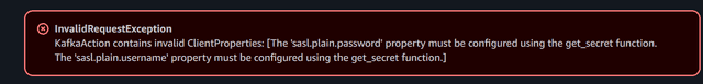 AWS IoT Core credential configuration screen showing an error that plaintext username and password are not allowed
