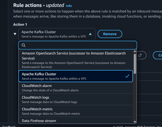 AWS IoT rule action dropdown with Apache Kafka Cluster selected — Send a message to Apache Kafka within a VPC