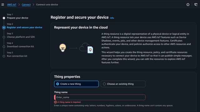 AWS IoT Connect wizard at step 2 — Register and secure your device — with the Create a new thing option selected and a Thing name field