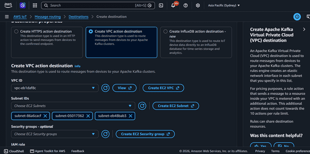AWS IoT Create VPC action destination screen showing VPC ID, Subnet IDs, and IAM role fields required to route Kafka traffic